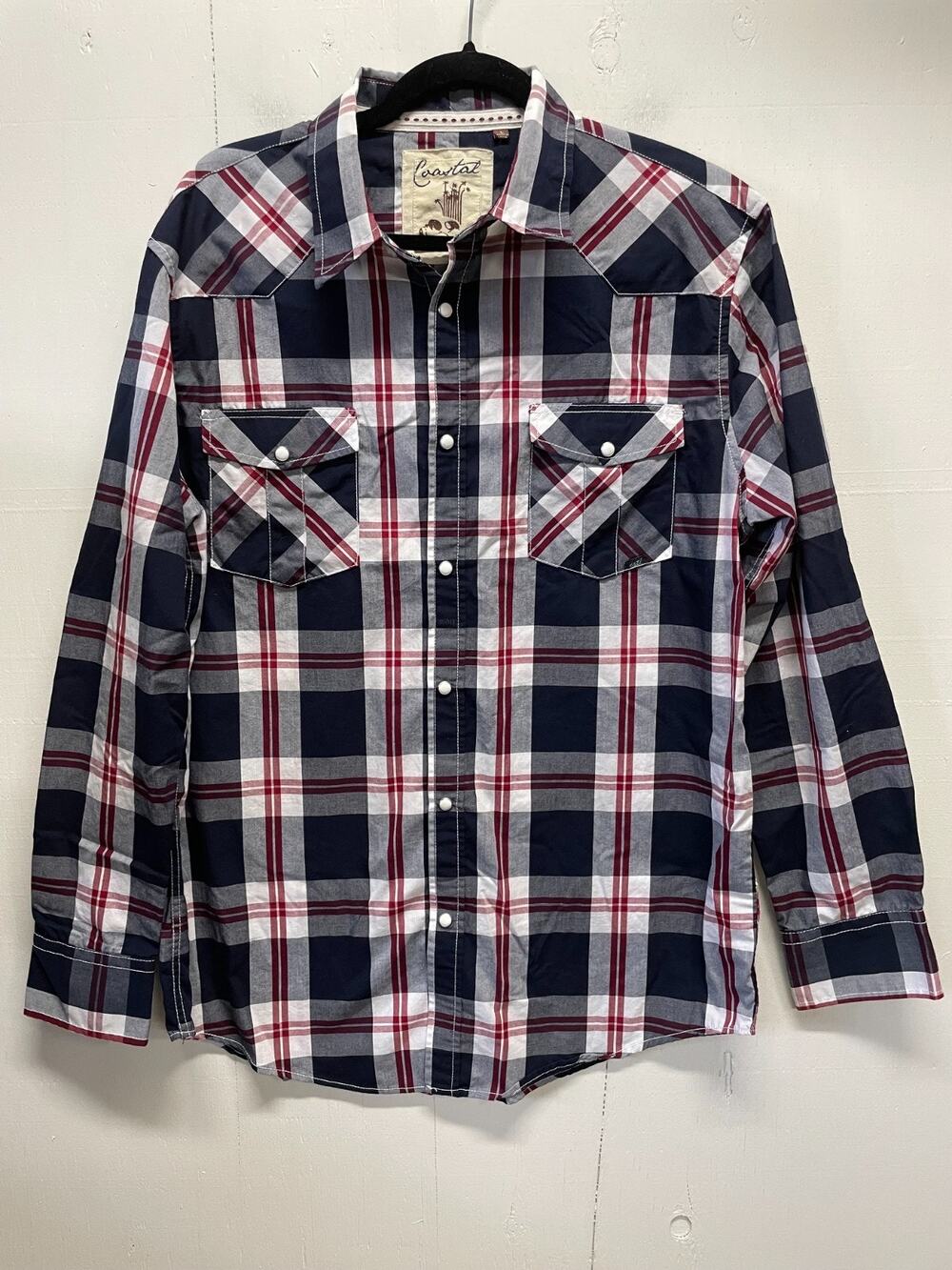 Coastal Men's Long Sleeve Western Pearl Snap Plaid Shirt Size Large Navy & Red